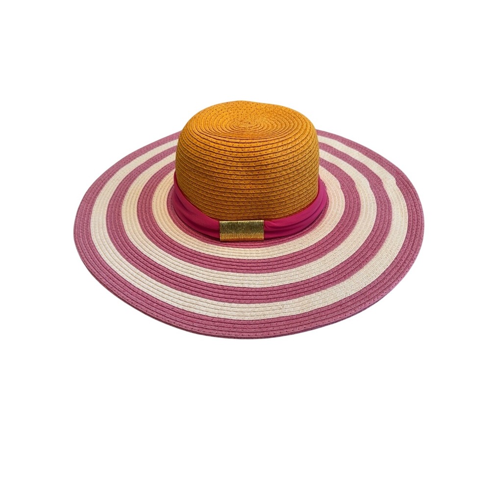 Mud Pie Womens Striped Paper‎ Straw Sun Hat Pink Yellow Wide Brim Gold Detail